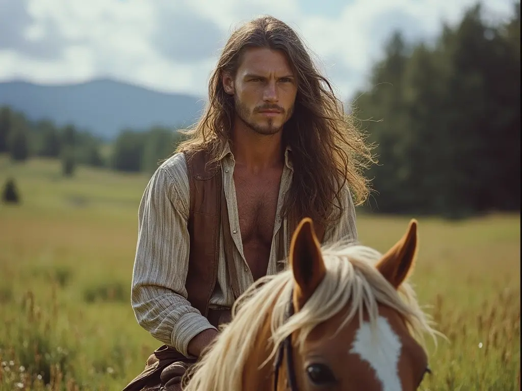 man with long hair on a horse