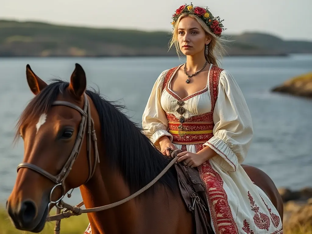 Traditional Aland Islands woman with a horse