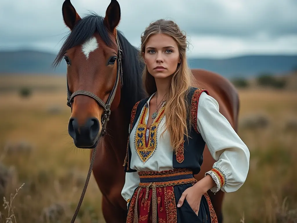 Traditional Aland Islands woman with a horse