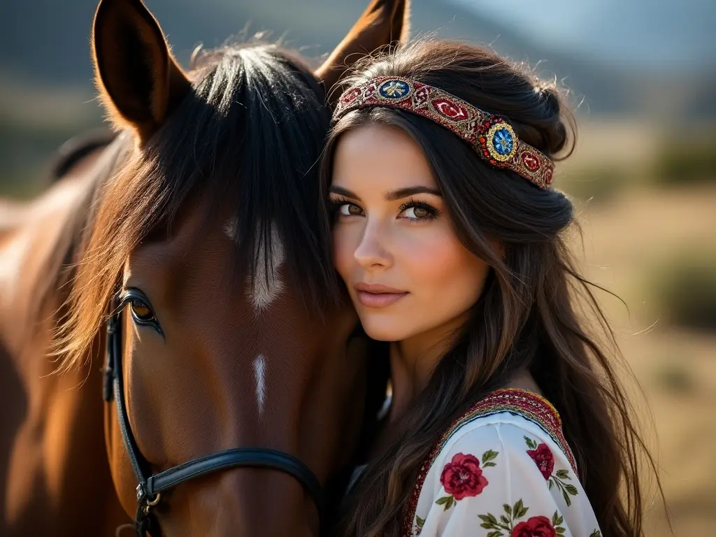 Traditional Albanian woman with a horse