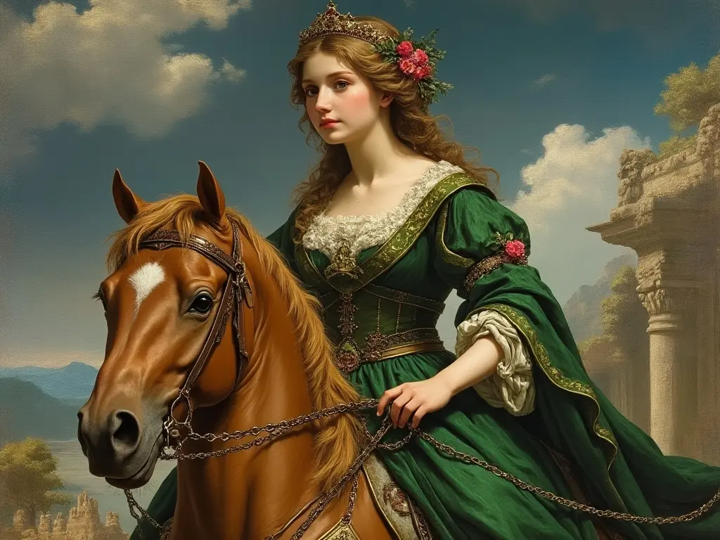 woman wearing green on a horse