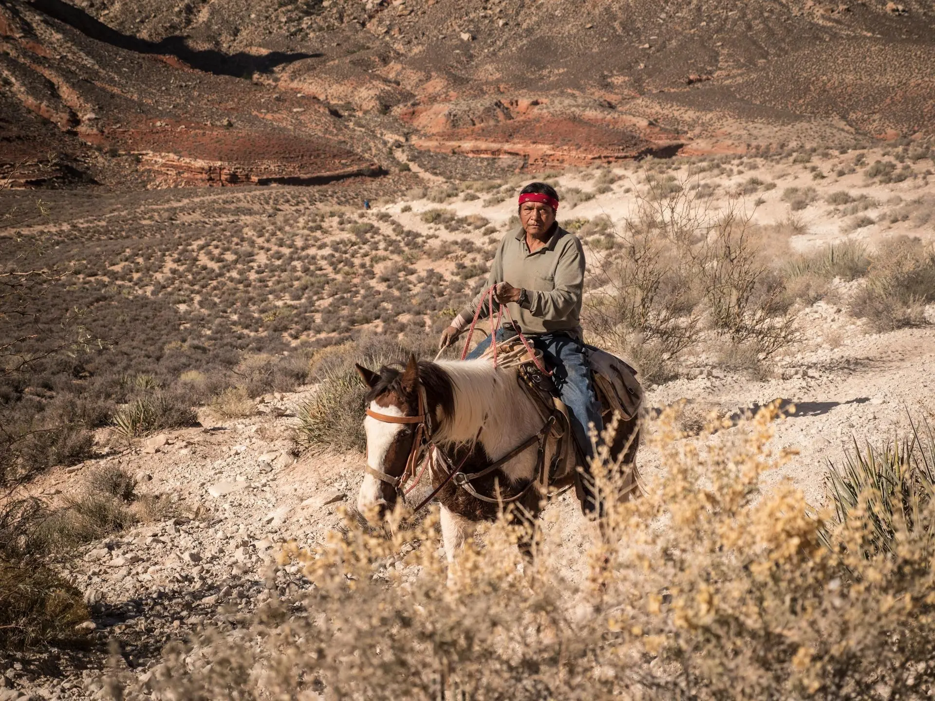 A Native American man riding a pinto horse through scrubby desert