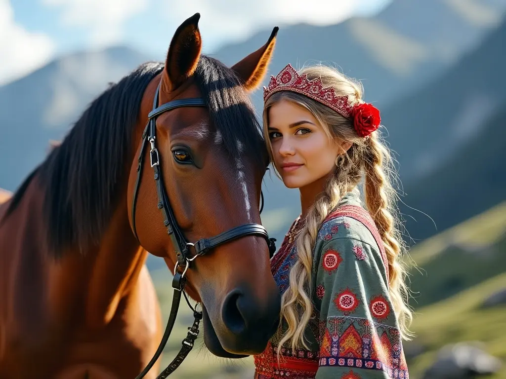 Traditional Andorran woman with a horse