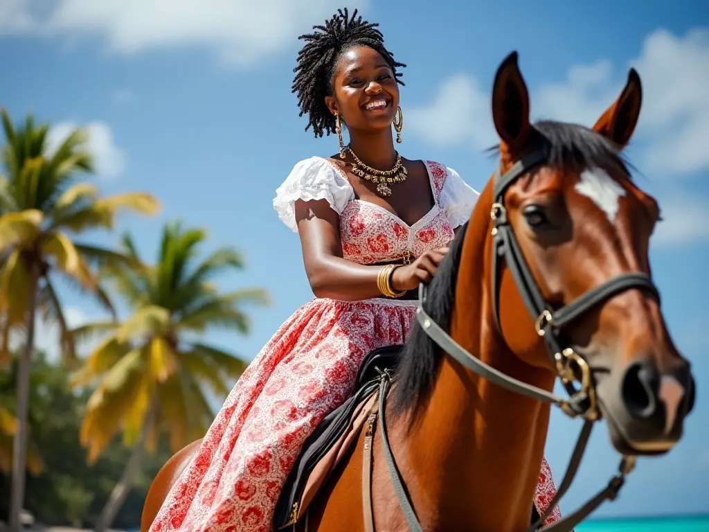 Traditional Antigua and Barbudian woman with a horse