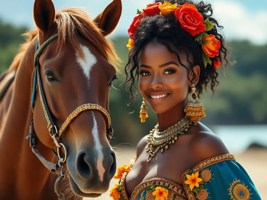 Traditional Antigua and Barbudian woman with a horse