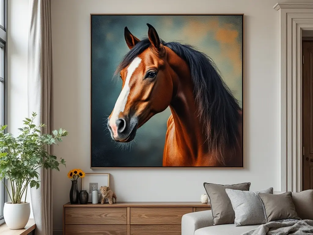 painting of a bay horse hanging on a wall