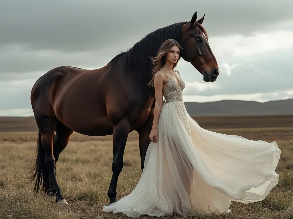 woman in a flowing dress with a horse