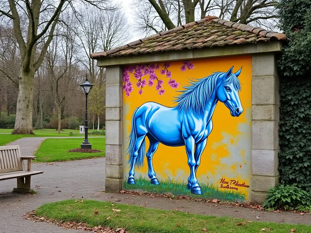 blue horse graffiti on a wall in a park