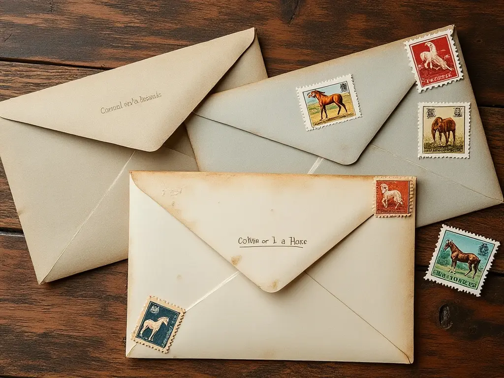 letters and horse stamps on a table