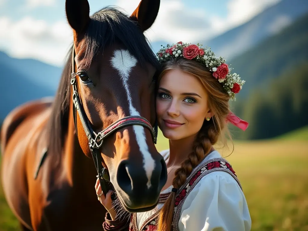 Traditional Austrian woman with a horse