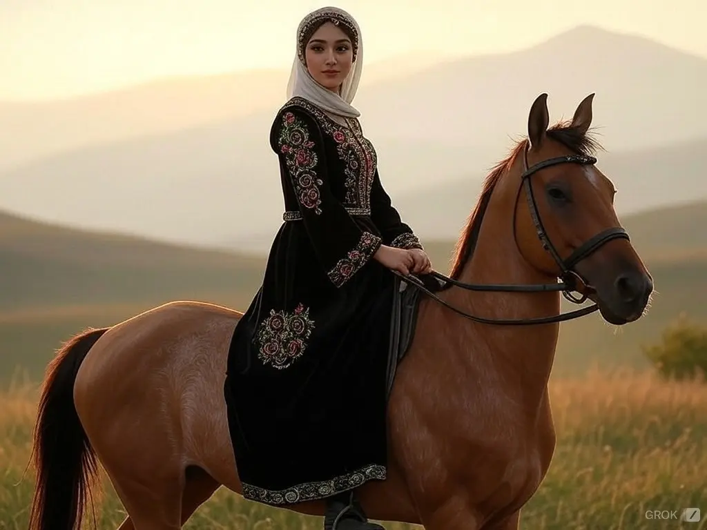 Traditional Azerbaijani woman with a horse