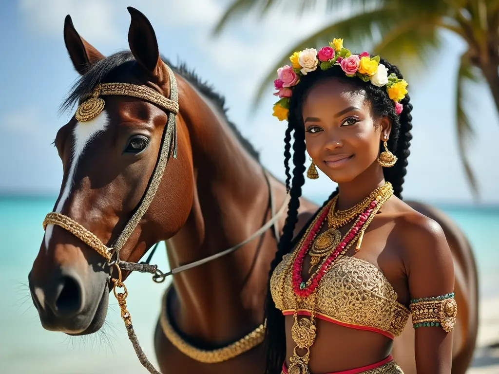 Traditional Bahamas woman with a horse