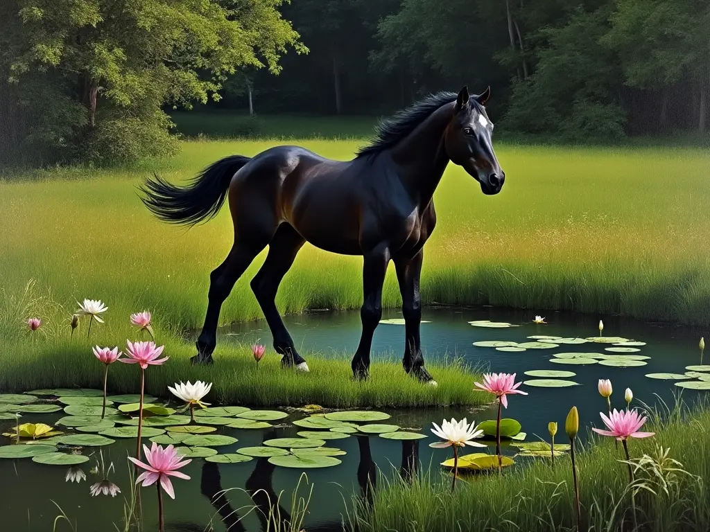 Black horse in a green field