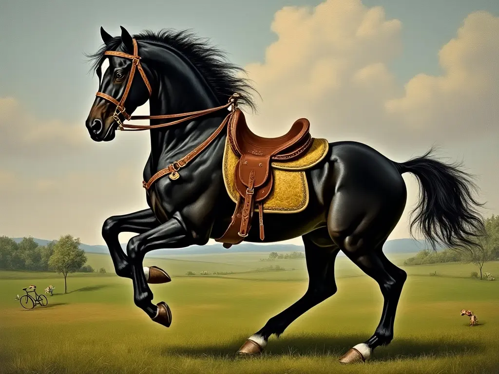 Black horse in a green field