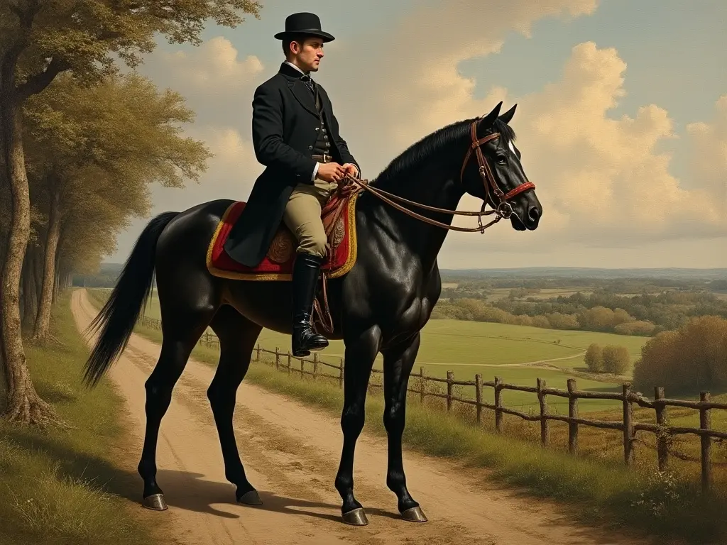 Black horse in a green field