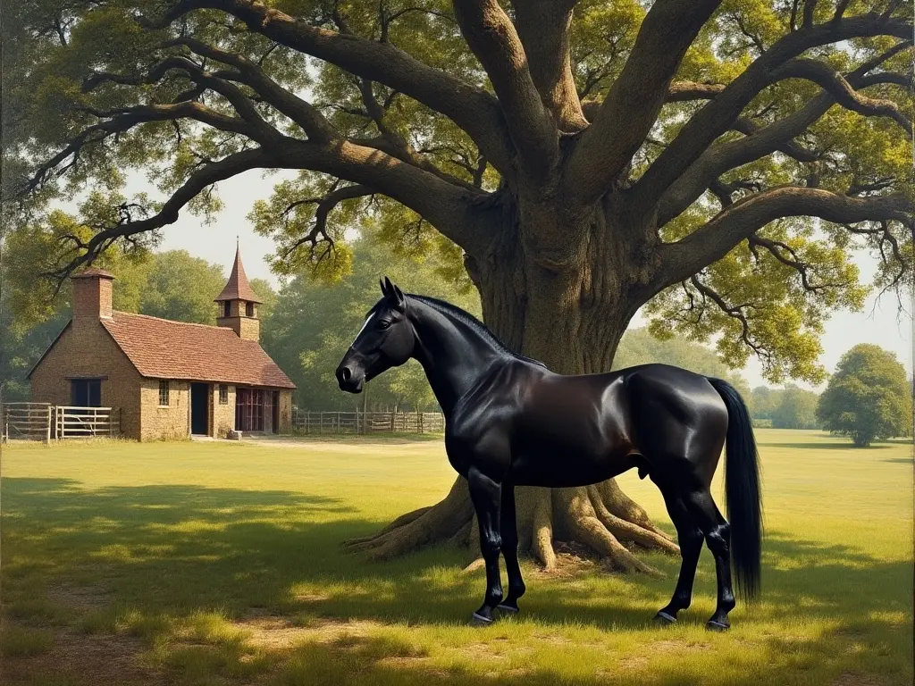 Black horse in a green field