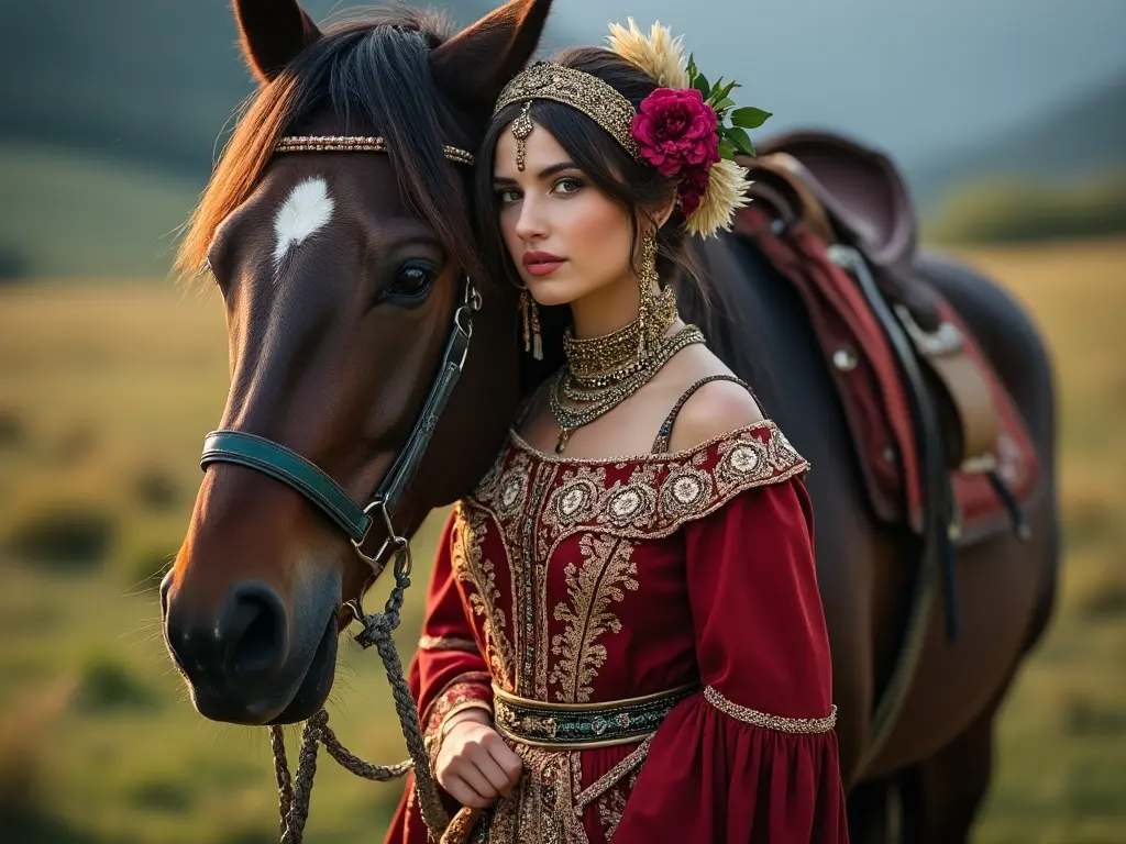 Traditional Bosnia and Herzegovina woman with a horse