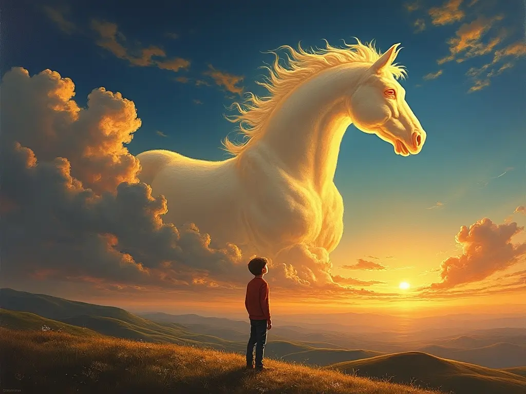 A boy looking into the sky at a horse shaped cloud