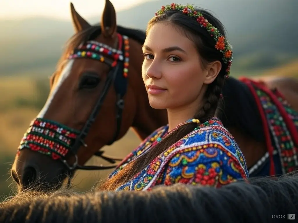 Traditional Bulgarian woman with a horse