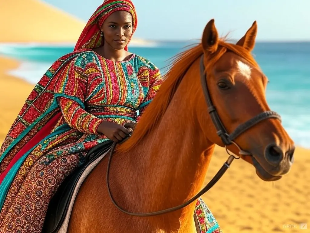 Traditional Cabo Verde woman with a horse