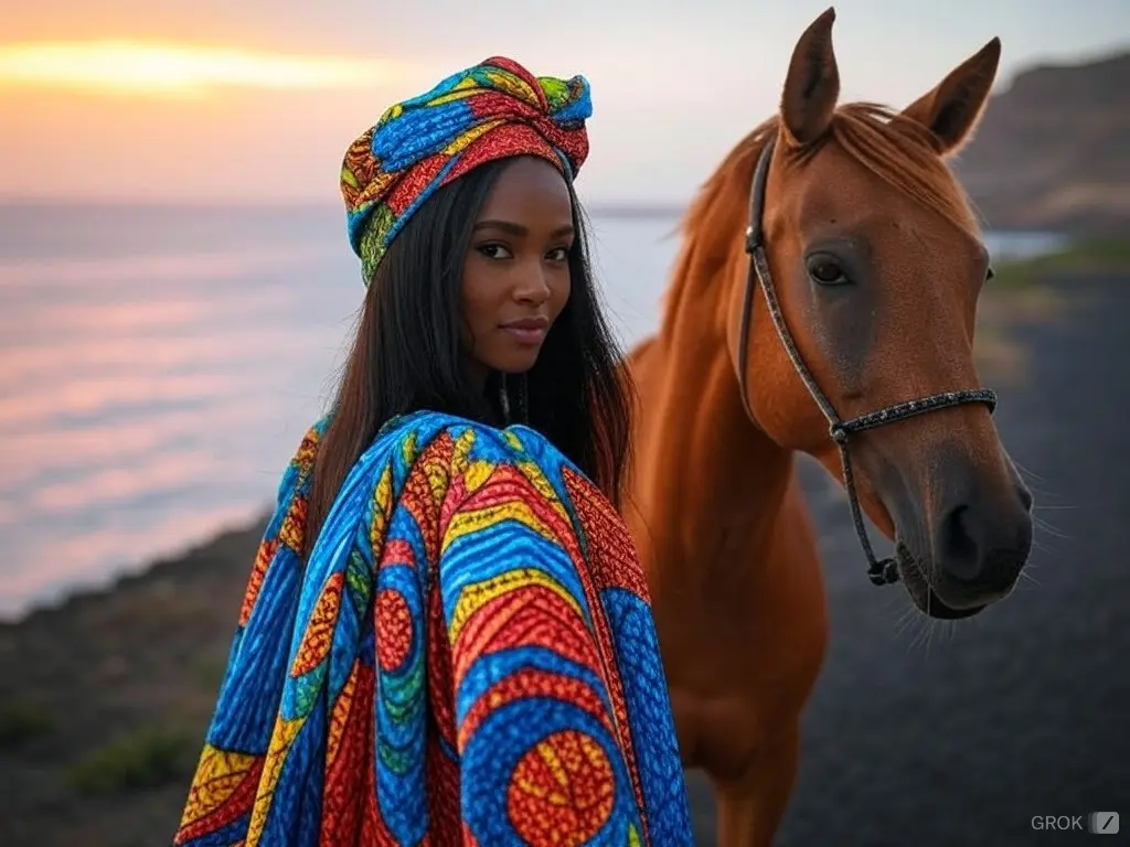 Traditional Cabo Verde woman with a horse