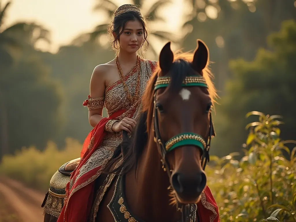Traditional Cambodian woman with a horse