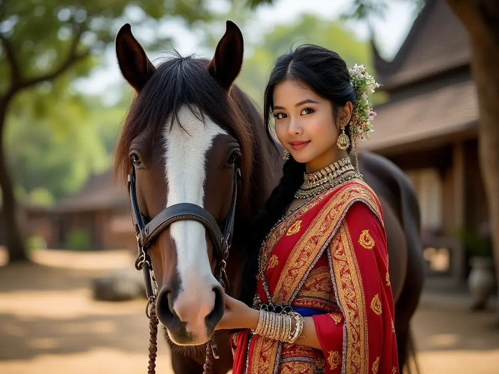 Traditional Cambodian woman with a horse