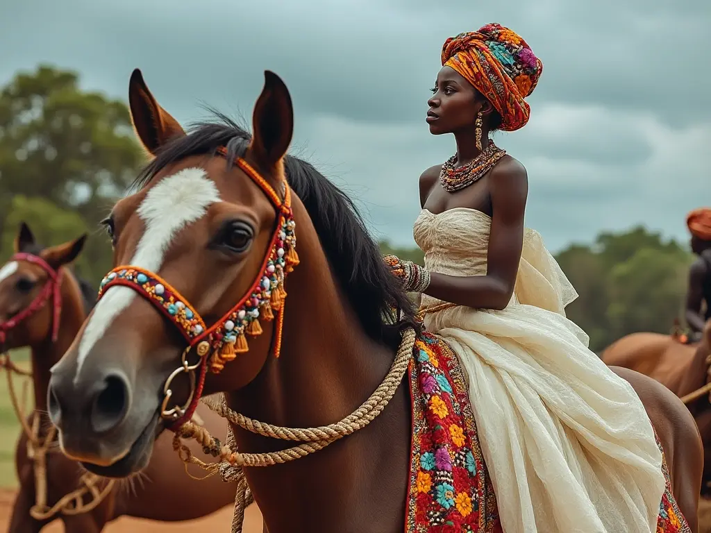 Traditional Cameroonian woman with a horse