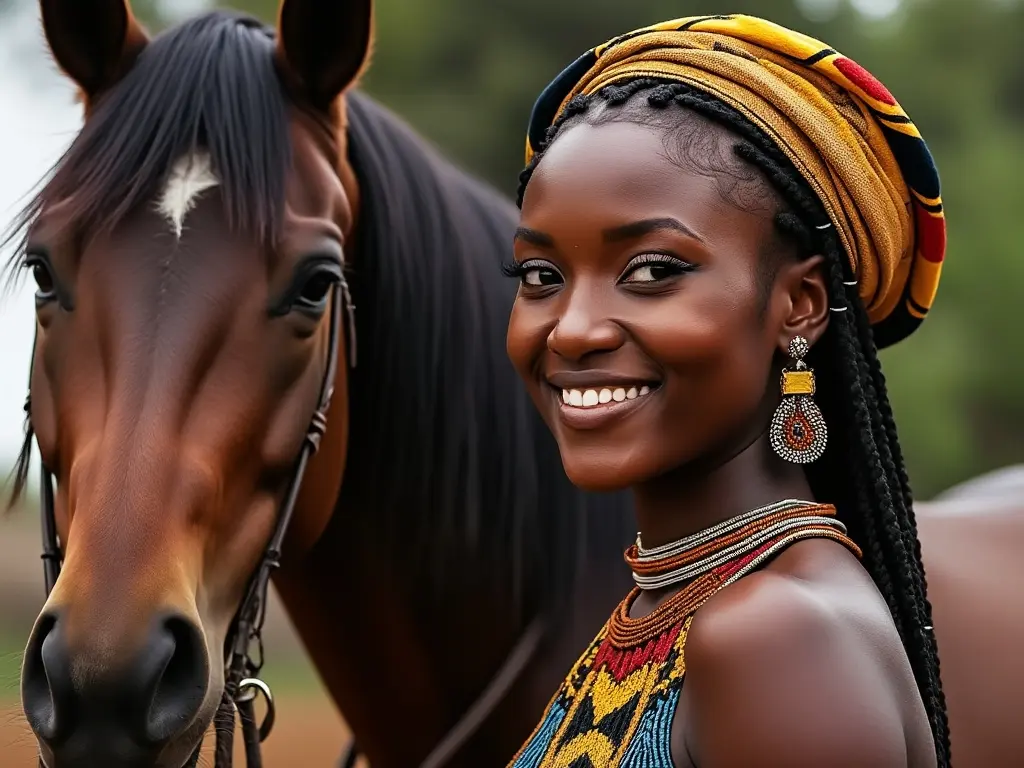 Traditional Cameroonian woman with a horse