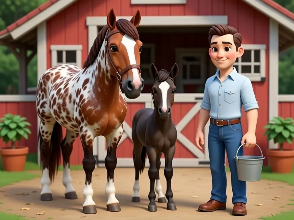 Cartoon of a man with an appaloosa mare and black foal