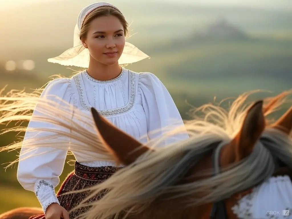 Traditional Czechian woman with a horse