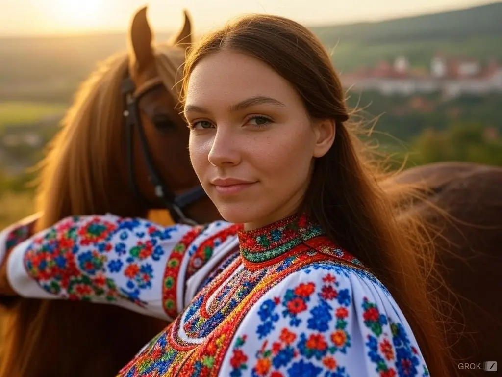 Traditional Czechian woman with a horse