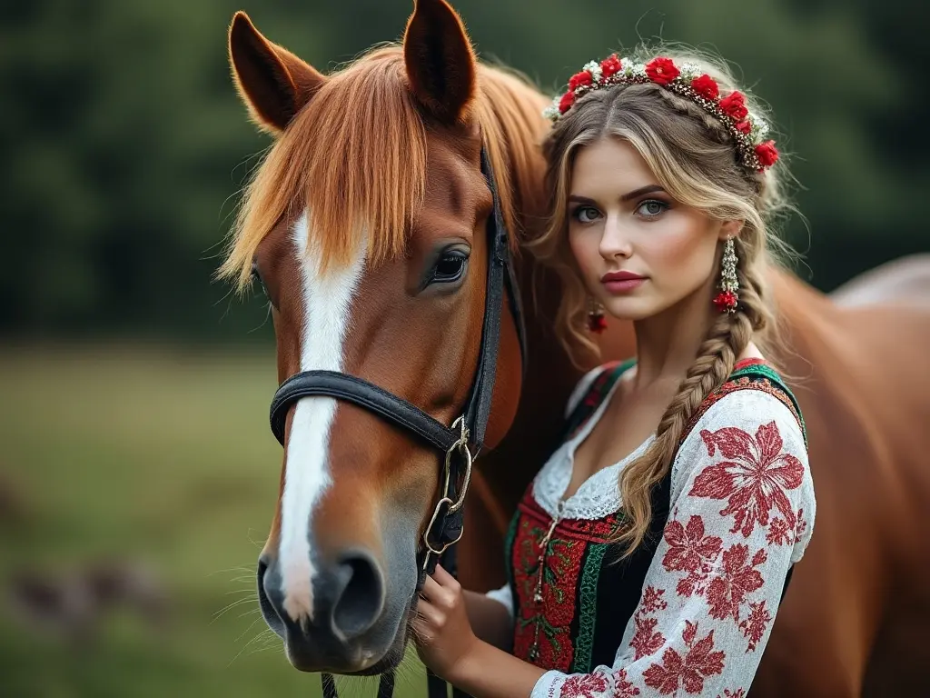 Traditional Danish woman with a horse