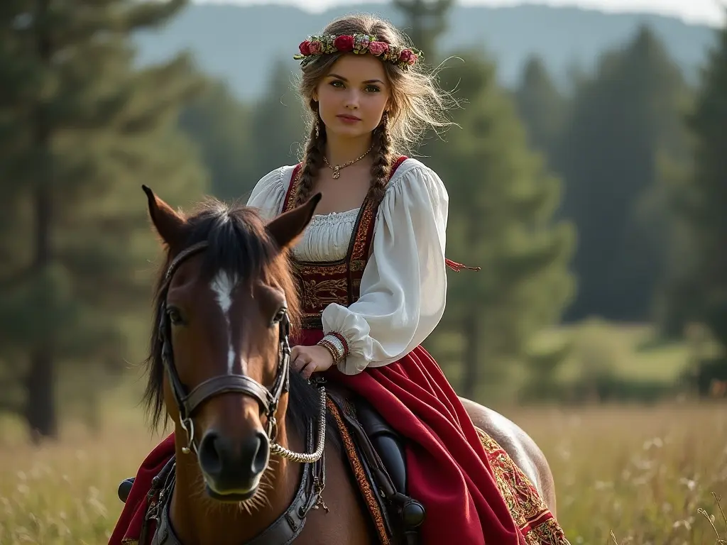 Traditional Estonian woman with a horse