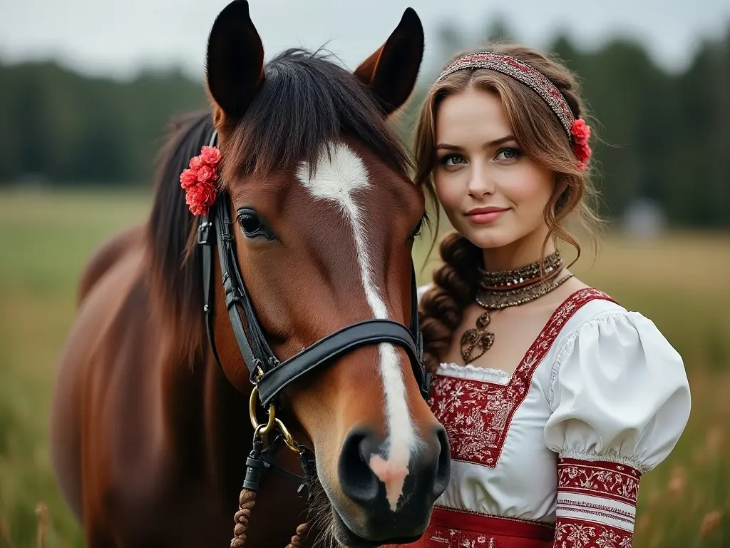 Traditional Estonian woman with a horse