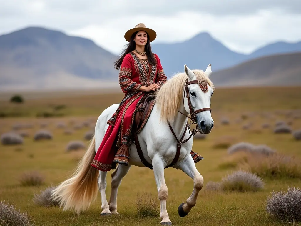 Traditional Falkland Islands woman with a horse