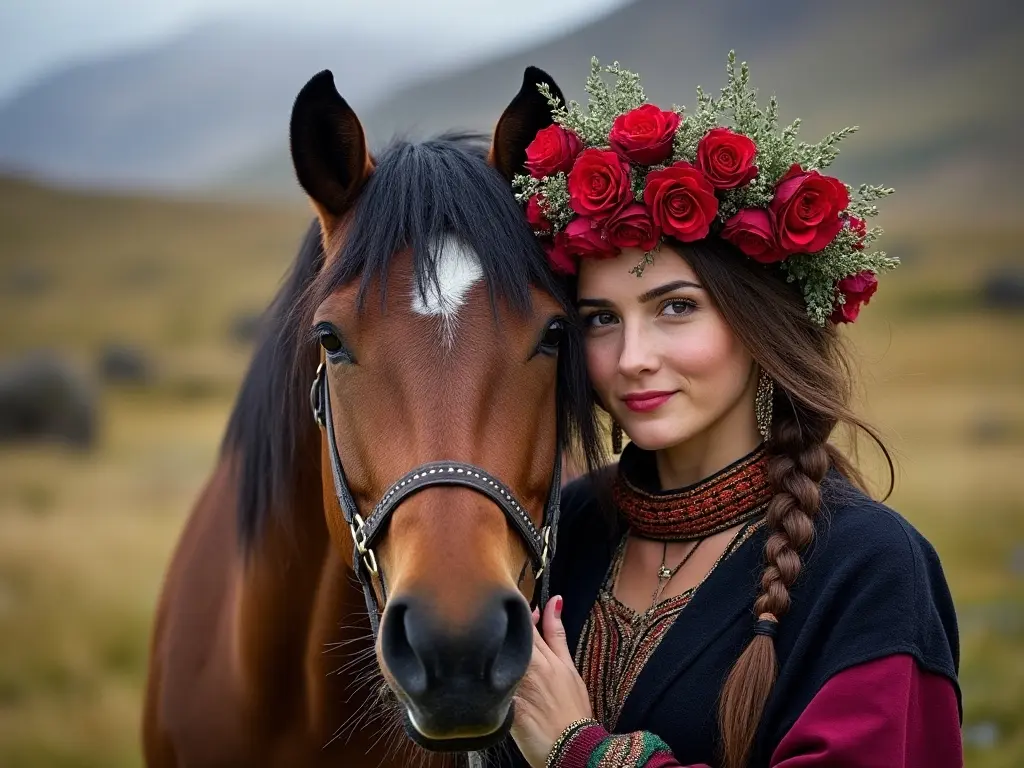 Traditional Falkland Island woman with a horse