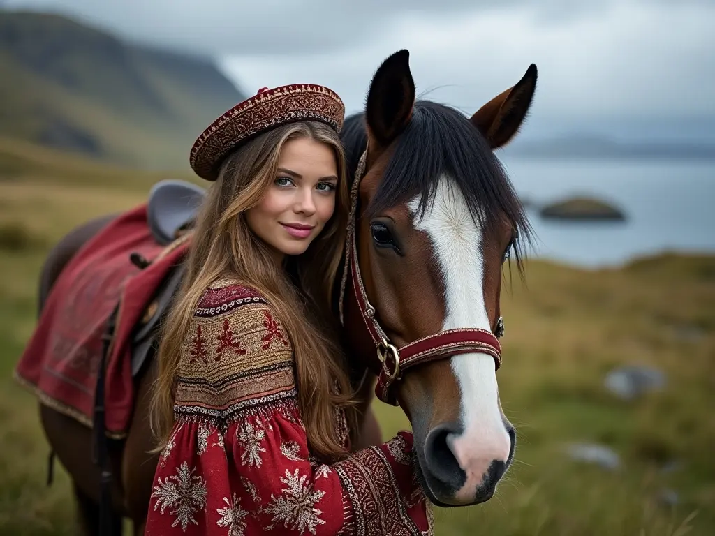 Traditional Faroe Islands woman with a horse