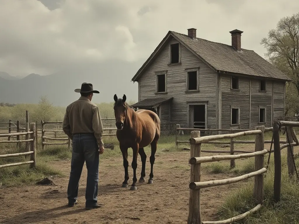 man and a horse in front of a run down house