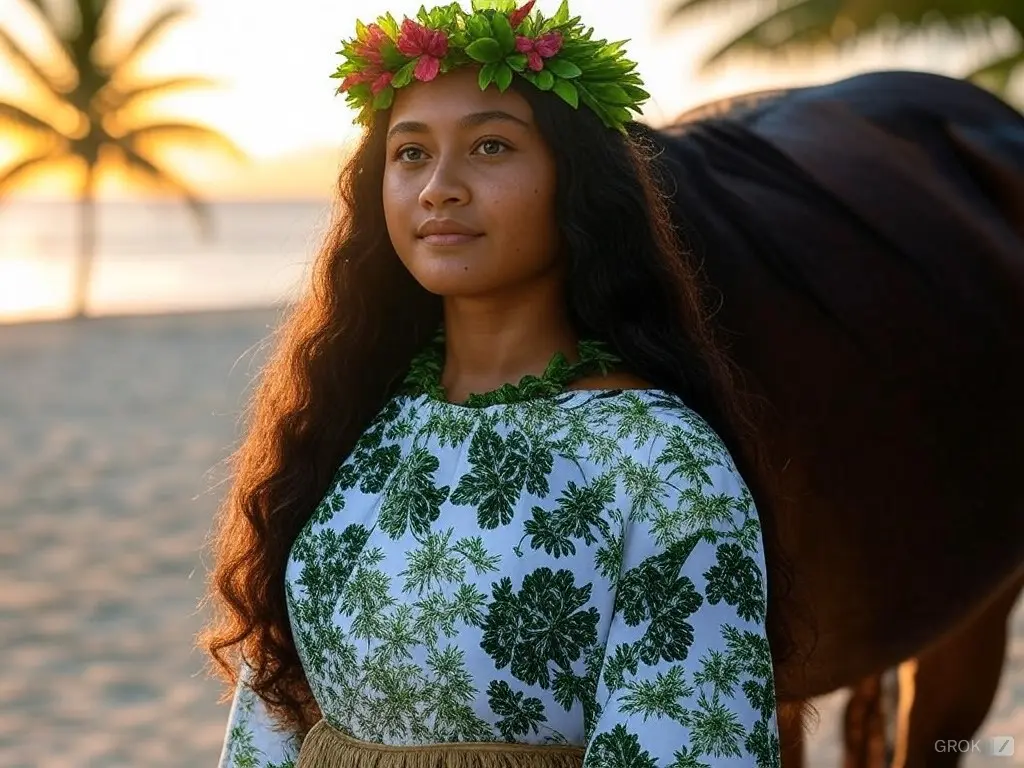 Traditional Fiji woman with a horse