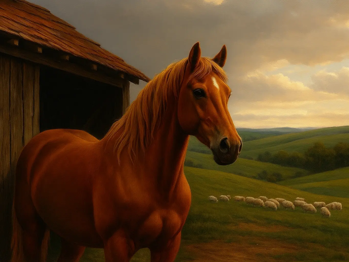 Horse standing next to a barn