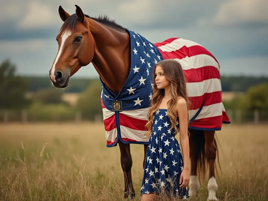 A young girl in a flag dress standing with a horse wearing a flag blanket