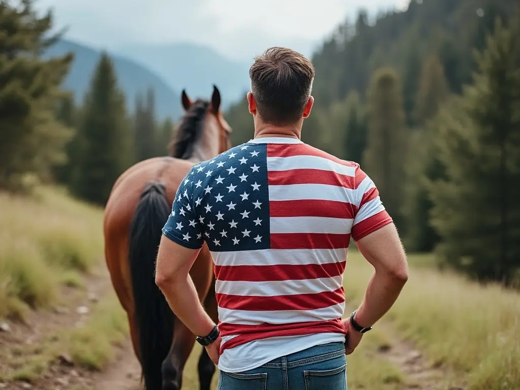 Man standing with a horse wearing a flag tshirt