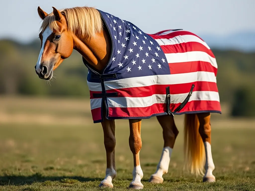 A horse wearing an American flag blanket