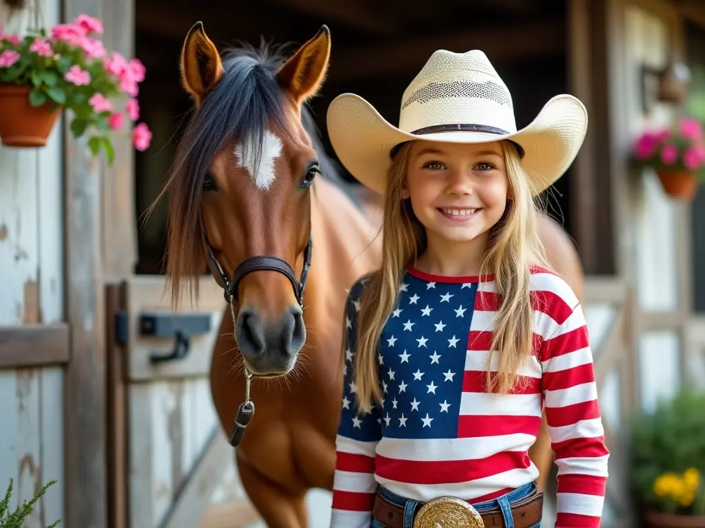 A cute girl in a cowboy hat with a horse wearing an American flag shirt