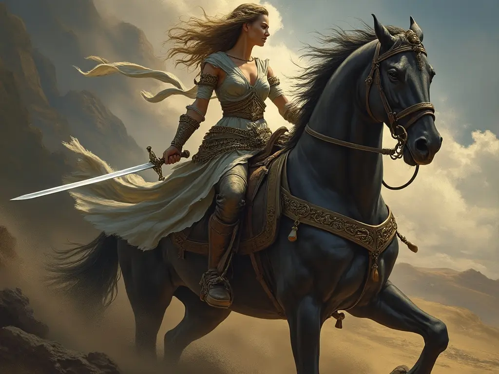 Woman on a horse with a sword