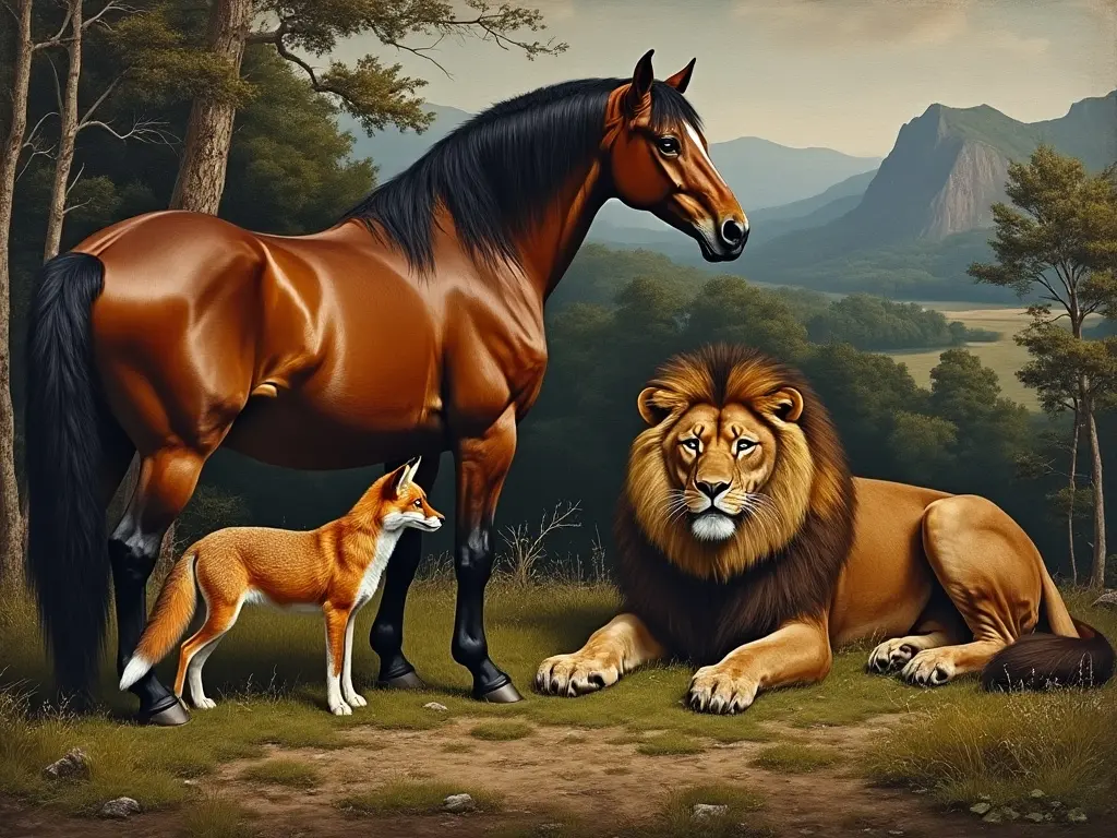 A horse, fox and lion