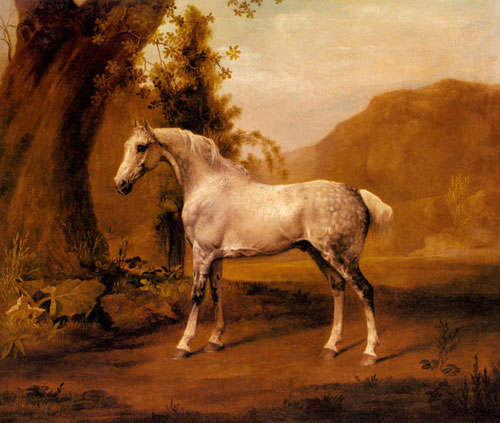 George Stubbs Reproduction Print - Bay Horse And White Dog Friends Animal Painting, Vintage/Retro Style, Multicolor, Giclee Print, Made In USA