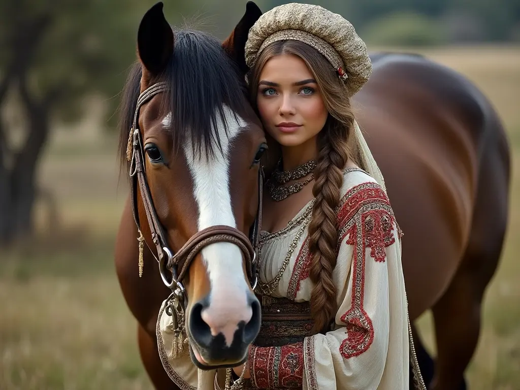 Traditional Georgian woman with a horse