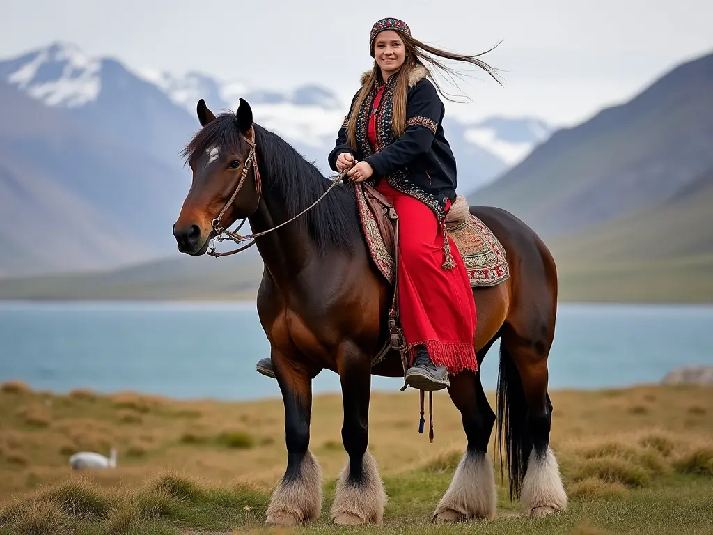 Traditional Greenland woman with a horse